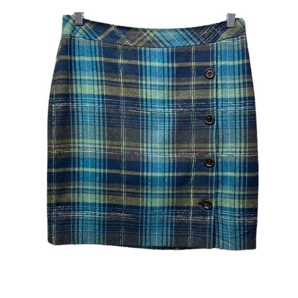 J. Jill Skirt Womens Size 10 Blue Plaid Recycled Wool Academia Button Front - Picture 1 of 10